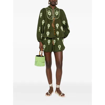 Farm Rio Embroidered Tassel Shirt In Green