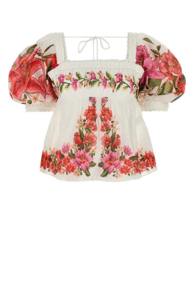 Farm Rio Printed Linen Blend Blouse In White
