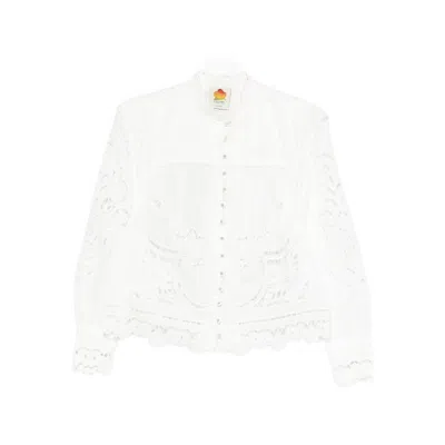 Farm Rio Richelieu Embroidered Cotton Shirt With Long Puff Sleeves In White