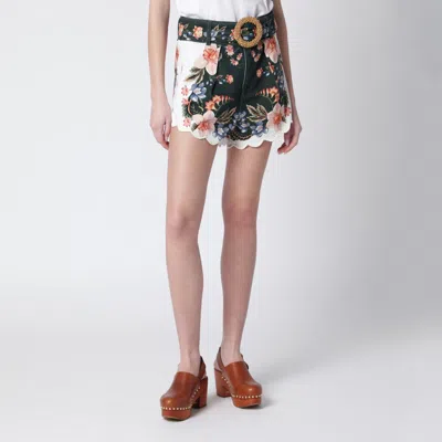 Farm Rio Berry Garden High Rise Belted Cotton Twill Shorts In Green