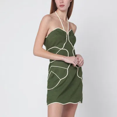 Farm Rio Green Wavy Trim Halter Neck Lenzing Ecovero Euroflax Mini Dress