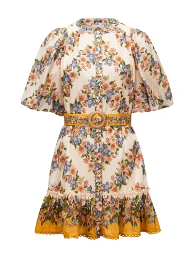 Farm Rio Sand Hilo Belted Short-sleeve Mini Dress In Neutral