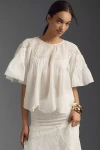 Farm Rio Short-sleeve Embroidered Swing Blouse In White