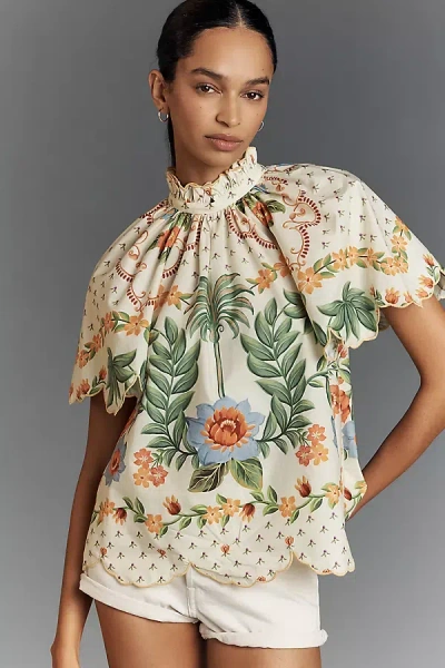 Farm Rio Short-sleeve High-neck Printed Blouse In White