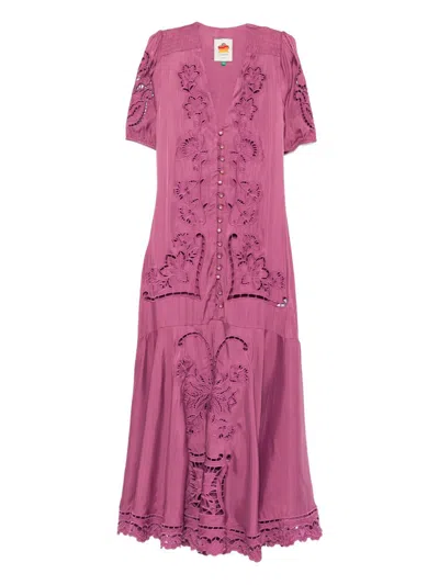 Farm Rio Short Sleeve Maxi Dress With Scalloped Hem In Purple