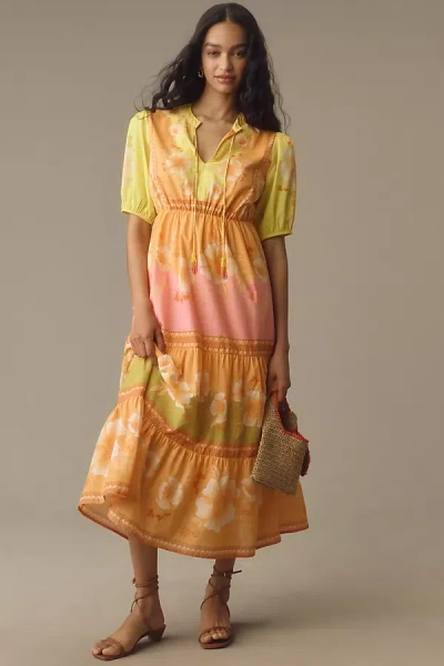 Farm Rio Short-sleeve Tiered A-line Midi Dress In Multicolor