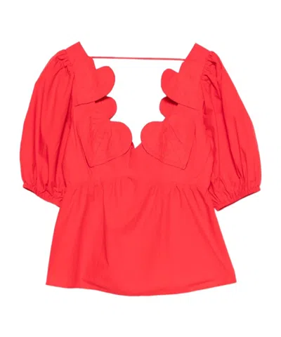 Farm Rio Heart Puff-sleeve Blouse In Red