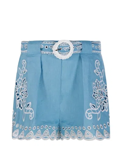 Farm Rio Floral-embroidered Belted Shorts In Blue