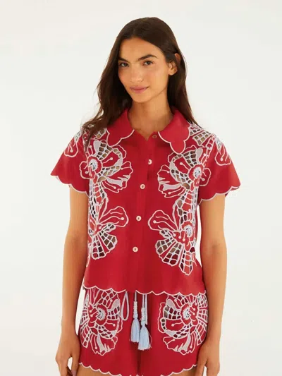 Farm Rio Short-sleeve Cut-out Embroidered Button-up Blouse In Red