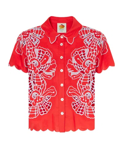 Farm Rio Floral-embroidered Linen-blend Coverup In Red