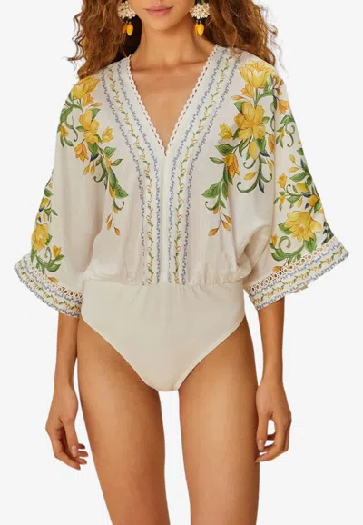 Farm Rio Sicily Floral V-neck Bodysuit Top In Multicolor
