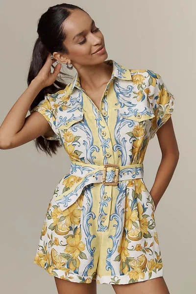 Farm Rio Sicily Linen Belted Romper In Multi
