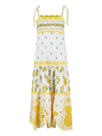 Farm Rio Sicily Pineapple-embroidered Midi Dress In Multi