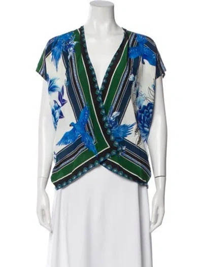 Pre-owned Farm Rio Silk Floral Print Top In Blue | ModeSens