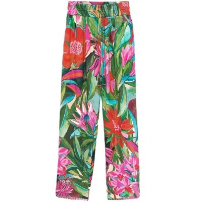 Farm Rio Silk Pants In Green/pink