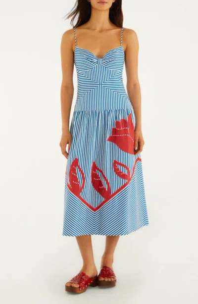 Farm Rio Sky Striped Embroidered Cotton Poplin Midi Dress In Blue