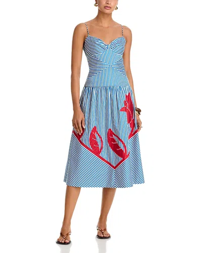 Farm Rio Sky Striped Embroidered Cotton Poplin Midi Dress In Blue