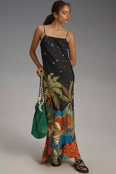 Farm Rio Sleeveless Floral Maxi Dress In Black