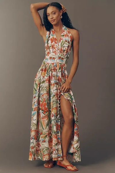 Farm Rio Sleeveless Halter Linen-blend Maxi Dress In Multi