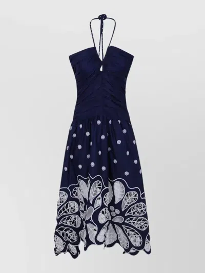 Farm Rio Sleeveless Midi Dress Halter Neck Embroidery In Blue