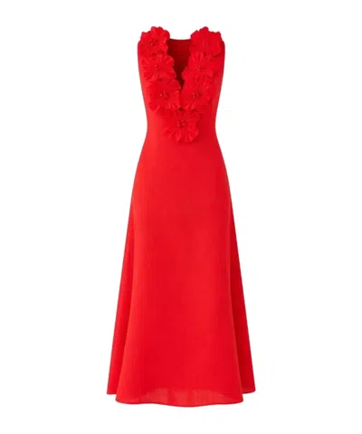 Farm Rio Linen Dress With Floral Appliques And Halterneck In Red