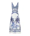 Farm Rio Fitted Linen Long Dress With Wonderful City Print And Striped Shoulder Straps In White