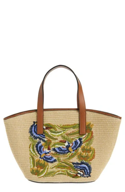 Farm Rio Small Embroidered Raffia Basket Tote In Brown