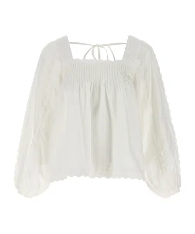 Farm Rio Smocked Sleeve Cotton Top In White