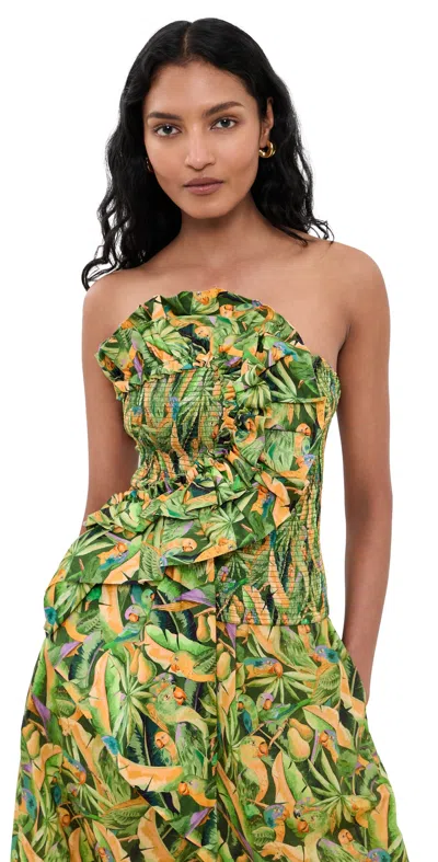 Farm Rio Smocked Strapless Top Parrots Forest Green
