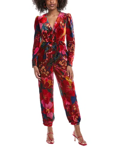 Farm Rio Snake Garden Velvet Jumpsuit In Red