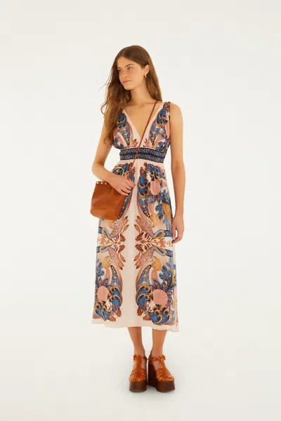 Farm Rio Soft Pink Garden Scarf V Neck Midi Dress In Brown