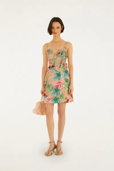 Farm Rio Soft Pink Pool Time 3d Flowers Euroflax Premium Linen Mini Dress In Multi