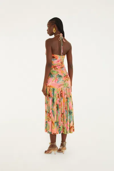 Farm Rio Soft Pink Pool Time Ruched Sleeveless Midi Dress In Orange