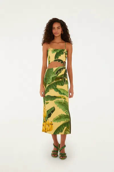 Farm Rio Soft Yellow Banana Leaves Maxi Dress In Green