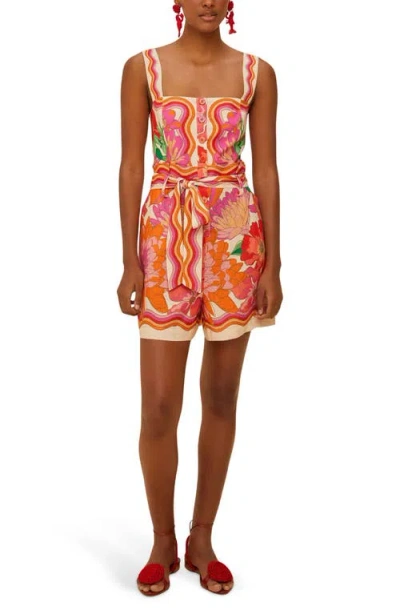 Farm Rio Spring Affair Linen-blend Sleeveless Square-neck Romper