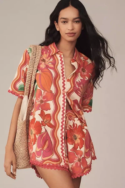 Farm Rio Spring Affair Linen Short-sleeve Buttondown Shirt In Pink