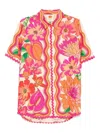 Farm Rio Spring Affair Linen Short-sleeve Buttondown Shirt