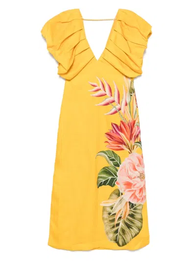 Farm Rio Off-white Spring Awakening Euroflax Premium Linen Midi Dress In Spring Awakening Off-white