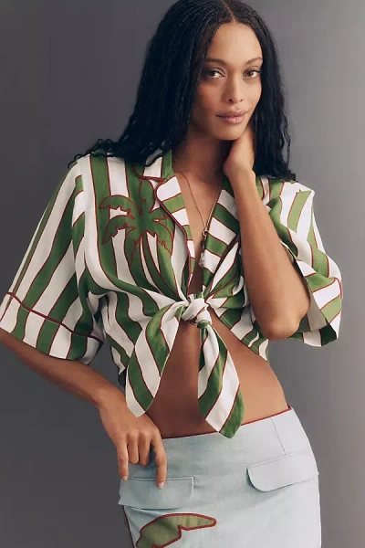 Farm Rio Spring Stripes Tie-front Linen Top In Green