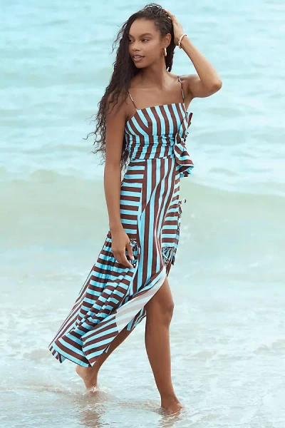 Farm Rio Square-neck Asymmetrical Cutout Tiered Midi Dress In Blue