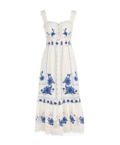 Farm Rio Cross Stitch Richeliue Sunflower Midi Dress Off-white