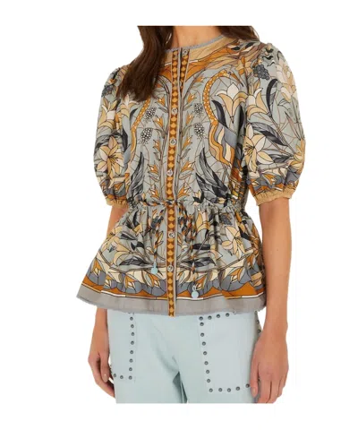 Farm Rio Stained Glass Beauty Drawstring Buttoned Blouse In Multi