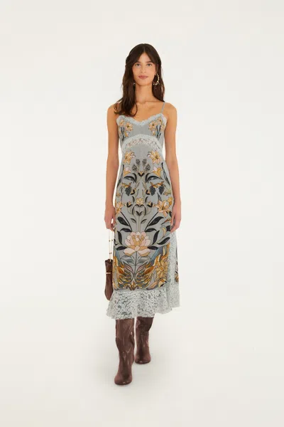 Farm Rio Stained Glass Beauty Printed Guipure Lace-trimmed Satin Midi Dress In Blue