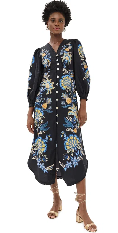 Farm Rio Stitched Garden Black Midi Dress Stitched Garden Black