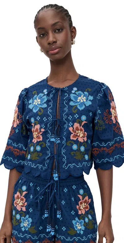 Farm Rio Stitched Garden Blouse Stitched Garden Dark Blue In Black