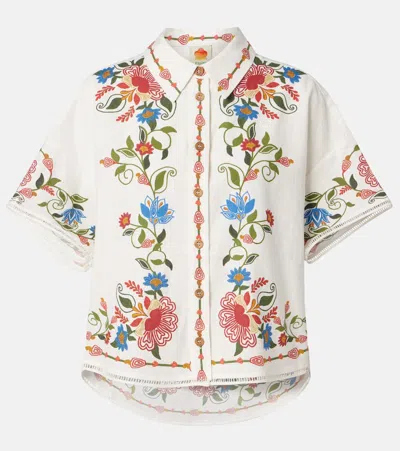 Farm Rio Stitched Garden Linen-blend Shirt In White