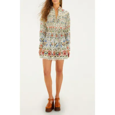 Farm Rio Stitched Garden Long Sleeve Cotton Blend Mini Shirtdress In White