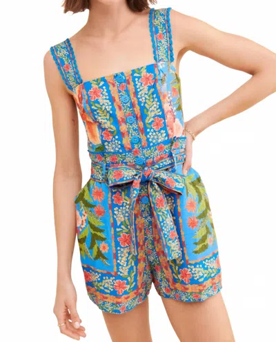 Farm Rio Stitched Garden Romper In Blue In Multi