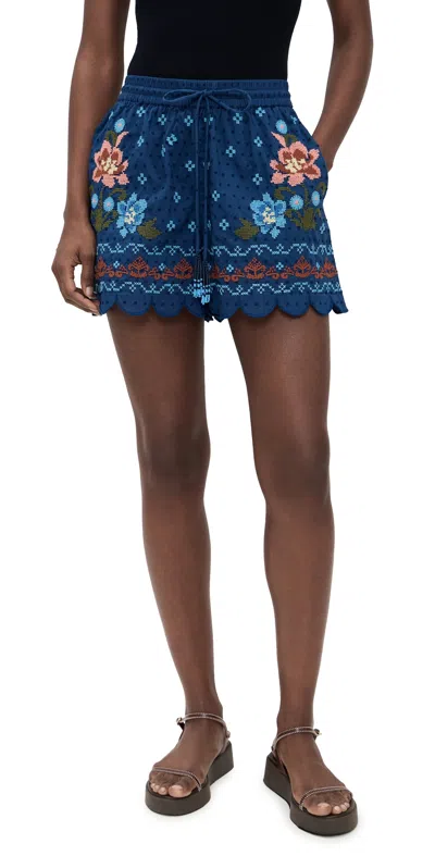 Farm Rio Stitched Garden Shorts Stitched Garden Dark Blue