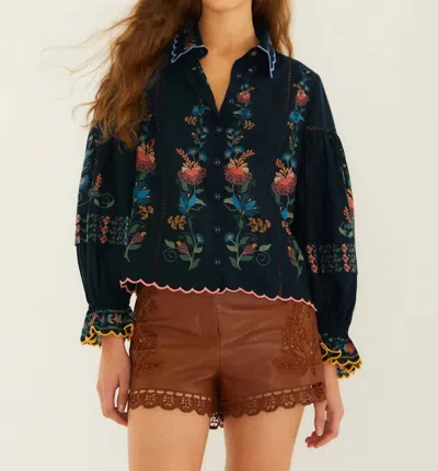 Farm Rio Stitched Garden Wavy Hem Blouse In Navy Blue